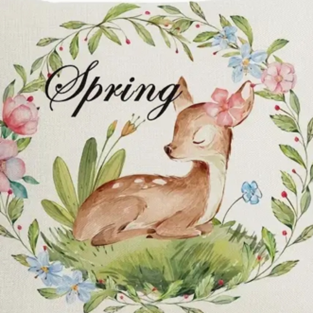 NEW SPRING/EASTER SPRING FAWN FLORAL WREATH LINEN PILLOW COVER HOME DECOR 17.7" - Picture 4 of 5